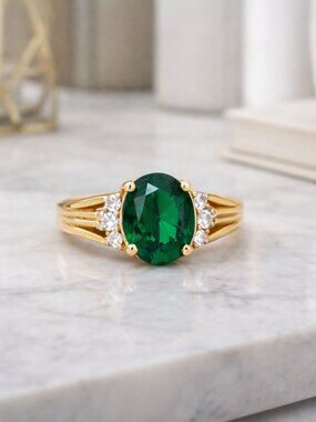 Ring-01-14K Gold Emerald Style Ring 4.28g Statement Jewellery